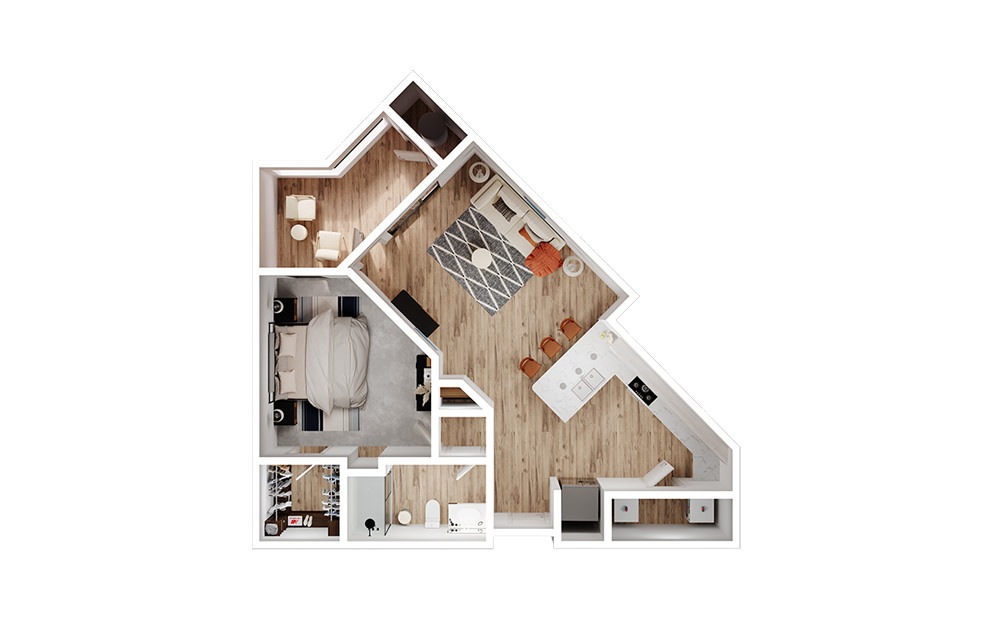 A3 - 1 bedroom floorplan layout with 1 bathroom and 879 square feet (3D)