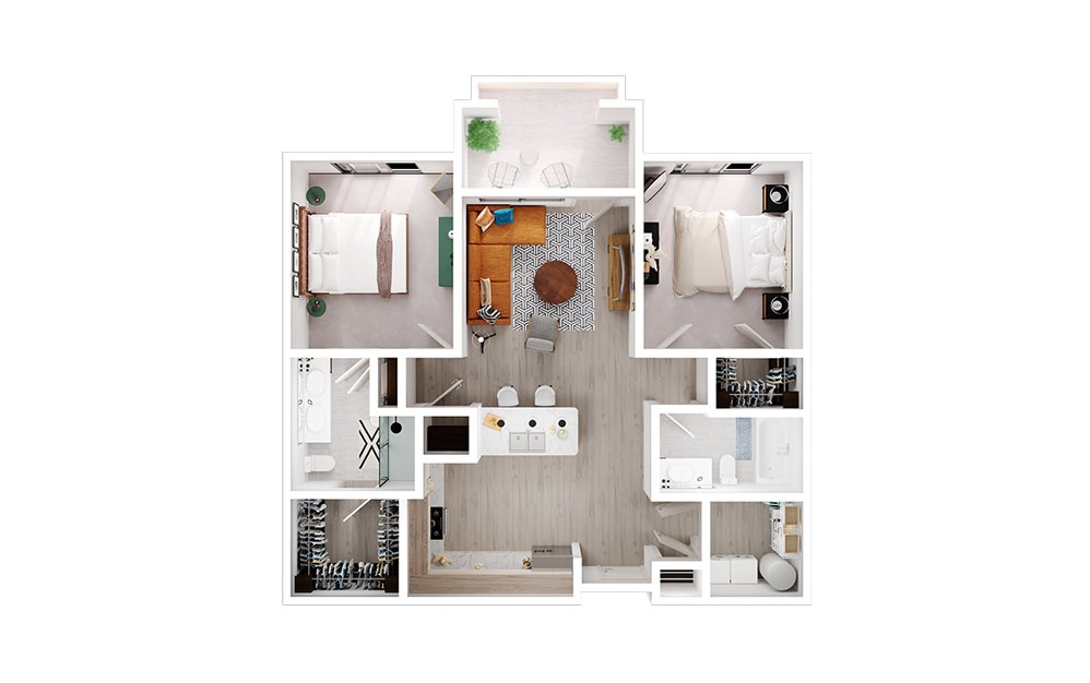 B1 - 2 bedroom floorplan layout with 2 bathrooms and 1044 square feet (3D)