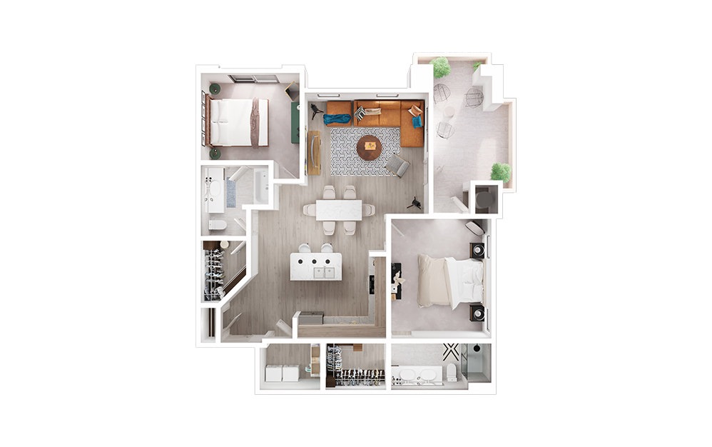 B2 - 2 bedroom floorplan layout with 2 bathrooms and 1275 - 1292 square feet (3D)