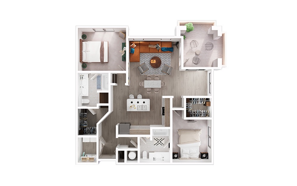 B3 - 2 bedroom floorplan layout with 2 bathrooms and 1300 square feet (3D)