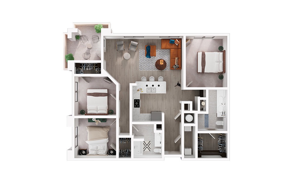 C1 - 3 bedroom floorplan layout with 2 bathrooms and 1490 square feet (3D)